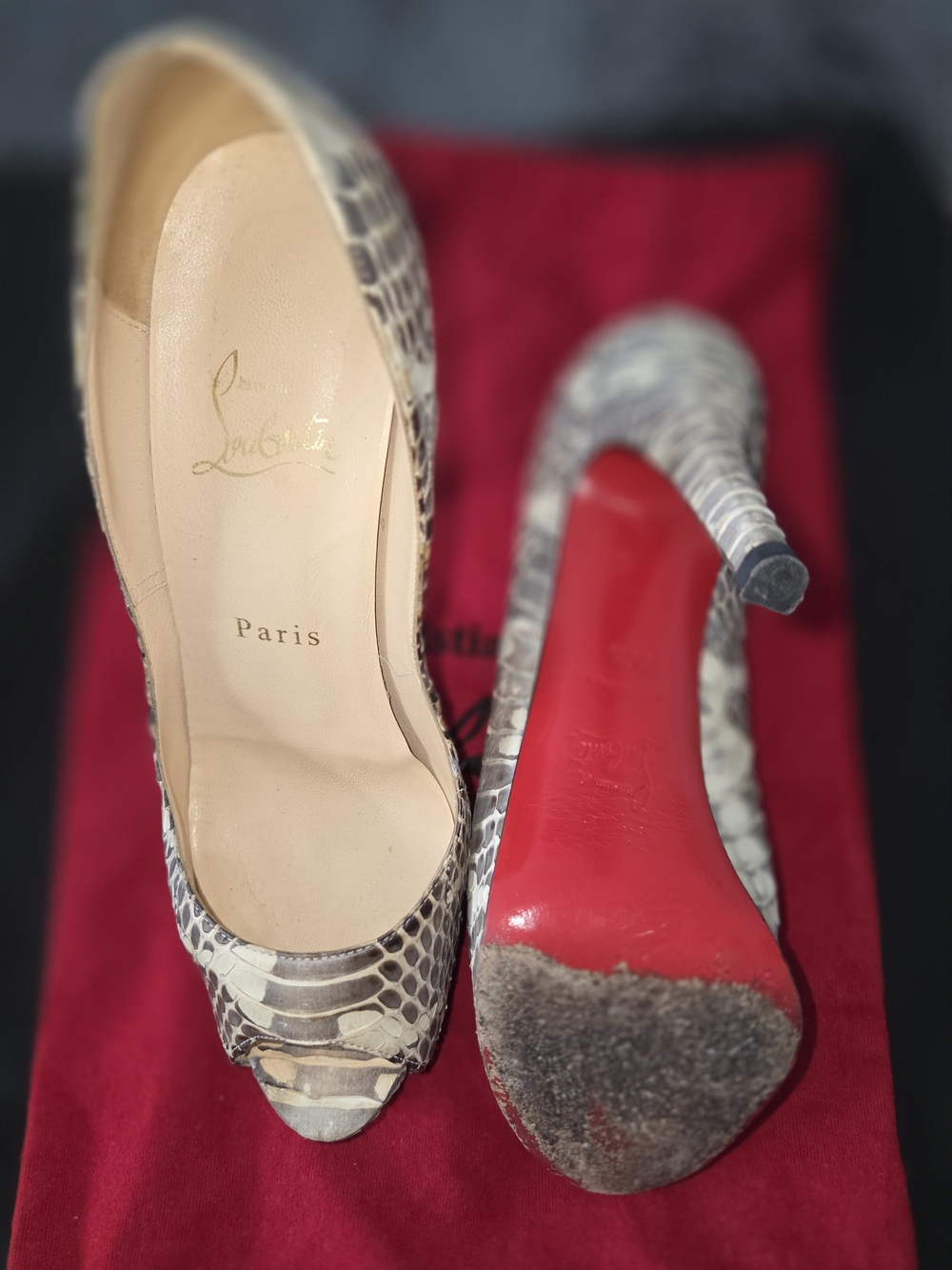 Christian Louboutin PHYTON  Neutral Snake-Print Red Sole Peep-Toe Pumps